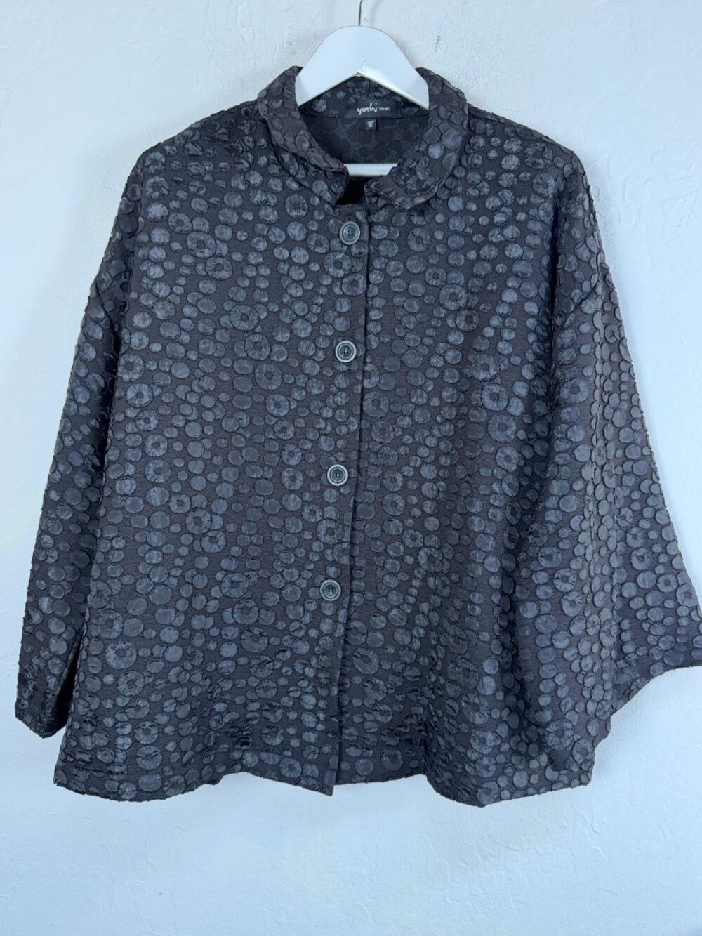 Yushi Womens Black Textured Circle Print Boxy Jacket USA Made XL Art To Wear